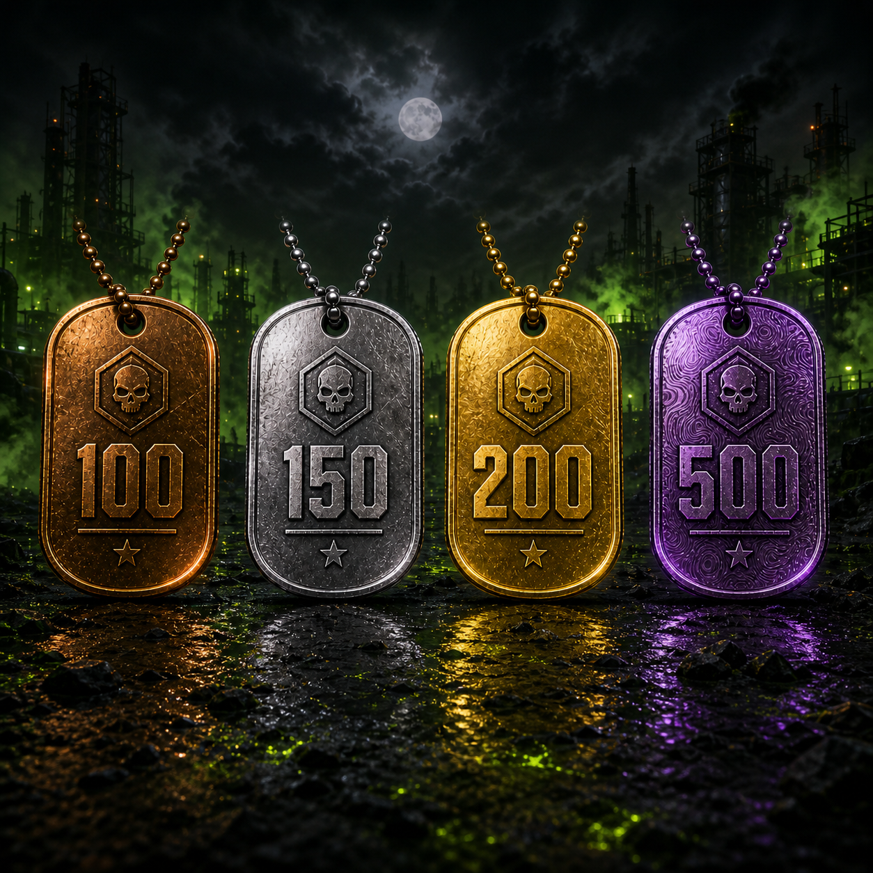 Vier geprägte Dog-Tags in Bronze, Silber, Gold und Damaskus